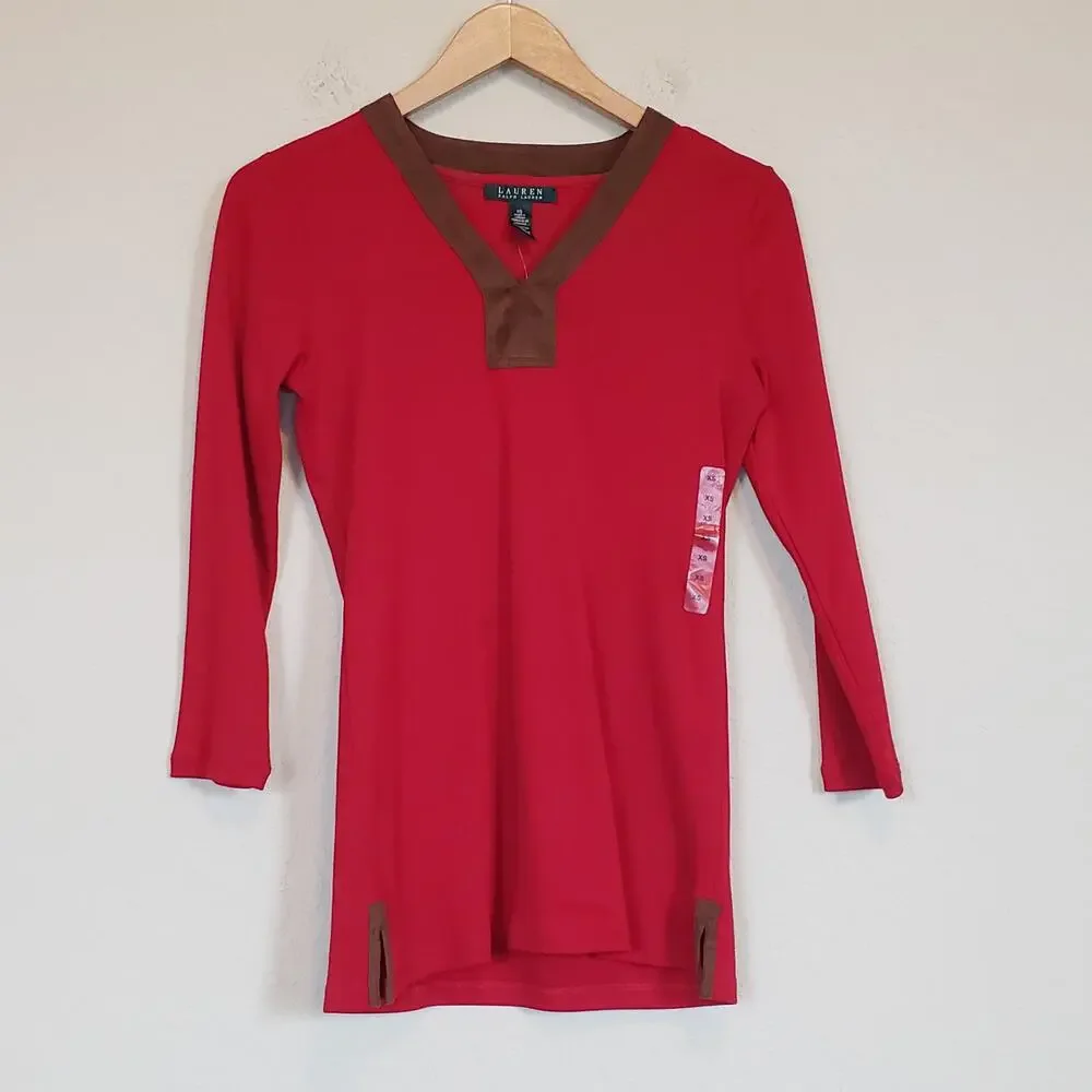 Lauren Ralph Lauren Red V-Neck Top‎ with Brown Faux Suede Trim Women's X Small
